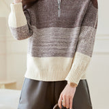 Casual Versatile Lapel Gradient Color-Block Striped Sweater