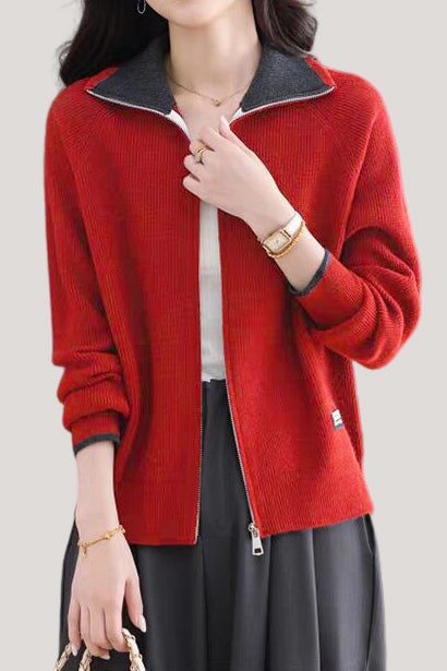 Casual Versatile Lapel Color-Block Knitted Cardigan - liwisi