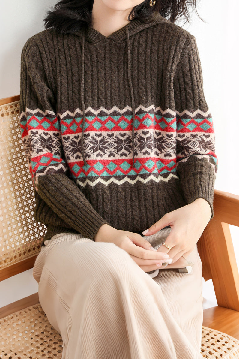 Casual Christmas Snowflake Ribbed Hooded Sweater - liwisi