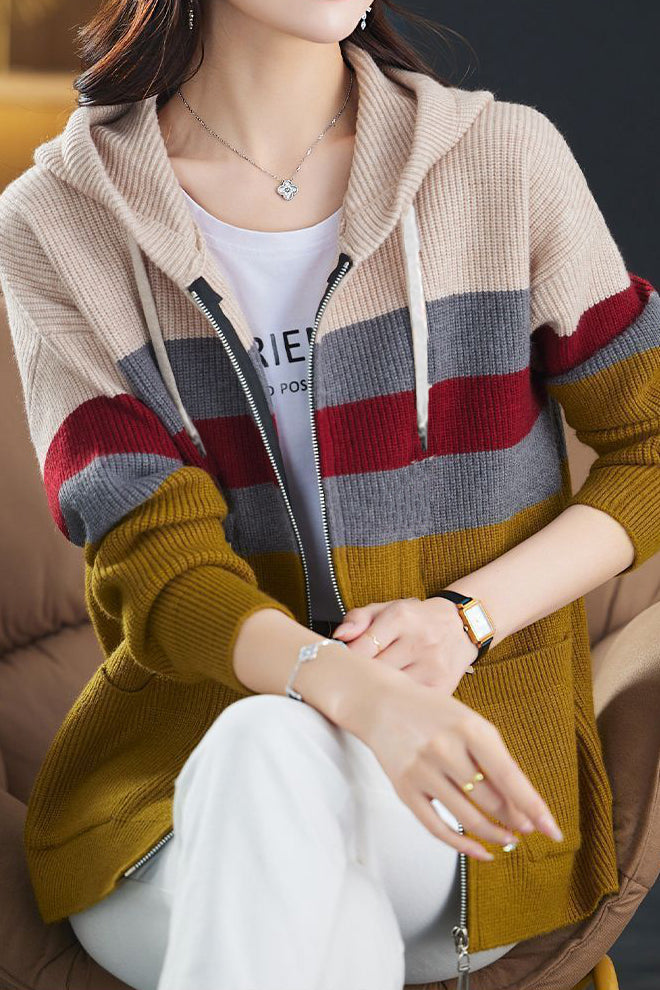 Casual Versatile Color-Block Hooded Zipper Knitted Cardigan - liwisi