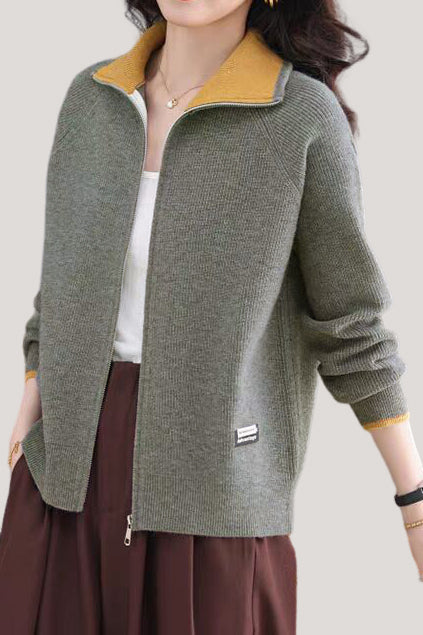Casual Versatile Lapel Color-Block Knitted Cardigan - liwisi