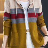 Casual Versatile Color-Block Hooded Zipper Knitted Cardigan - liwisi