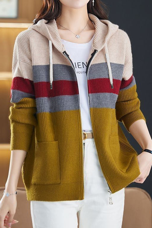 Casual Versatile Color-Block Hooded Zipper Knitted Cardigan - liwisi
