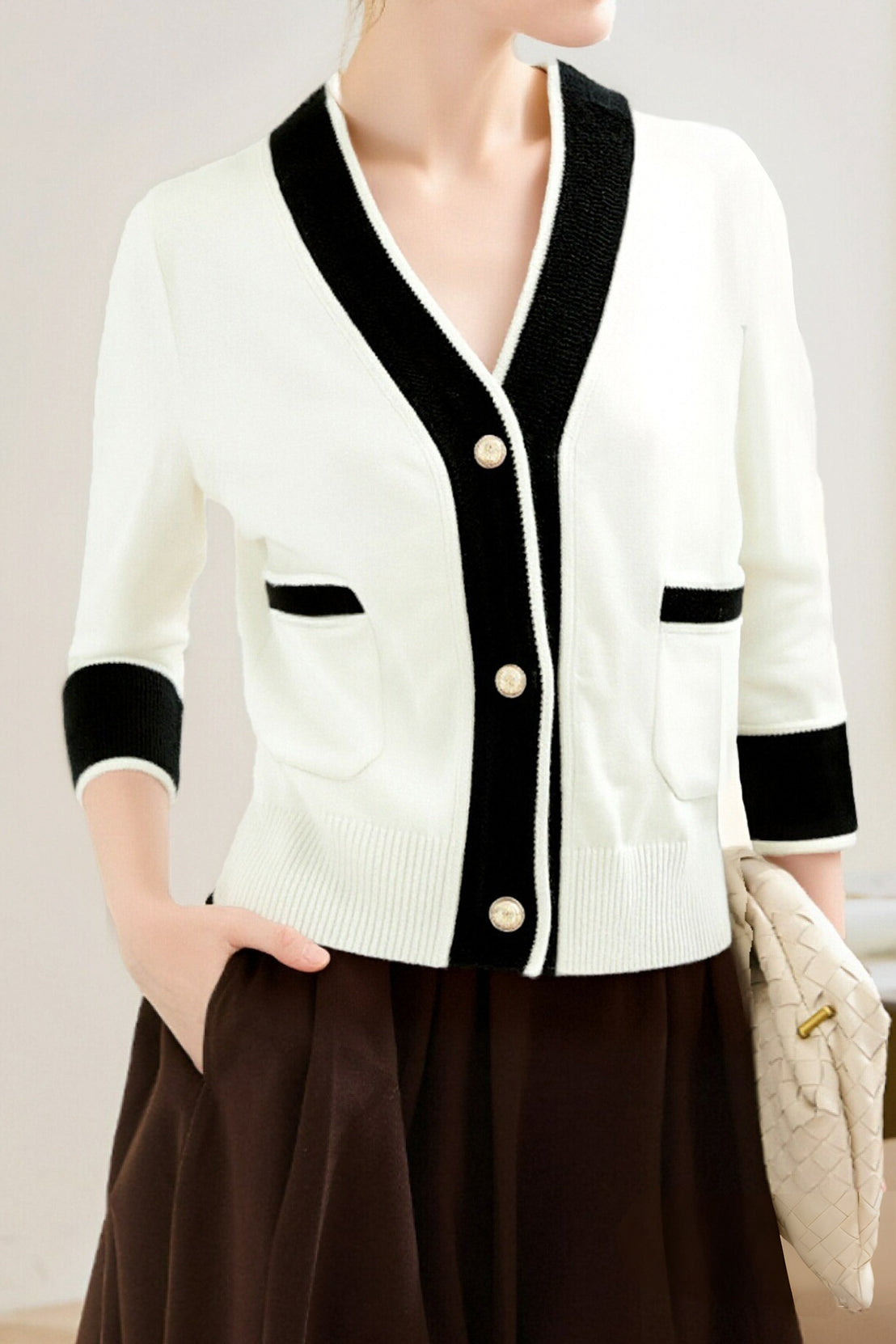 Casual Color-Block V-Neck Knitted Cardigan - liwisi