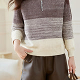 Casual Versatile Lapel Gradient Color-Block Striped Sweater