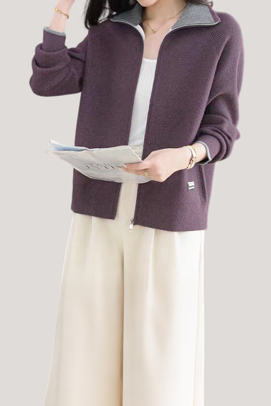 Casual Versatile Lapel Color-Block Knitted Cardigan - liwisi
