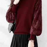 Elegant Temperament Patchwork Lace Puff Sleeve Knitted Top