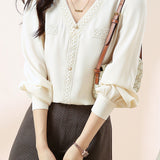 Elegant V-Neck Lace Paneled Long-Sleeve Shirt
