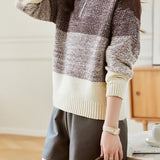 Casual Versatile Lapel Gradient Color-Block Striped Sweater