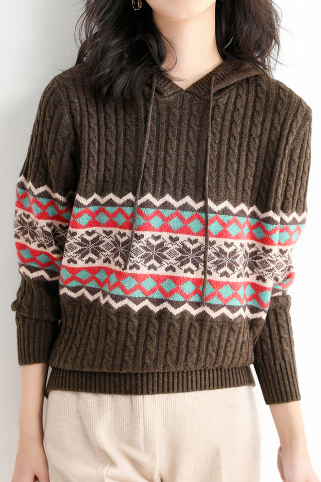 Casual Christmas Snowflake Ribbed Hooded Sweater - liwisi