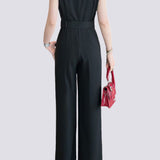 Sleeveless waist-defining suit collar wide-leg jumpsuit