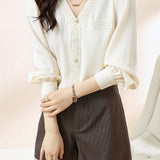 Elegant V-Neck Lace Paneled Long-Sleeve Shirt