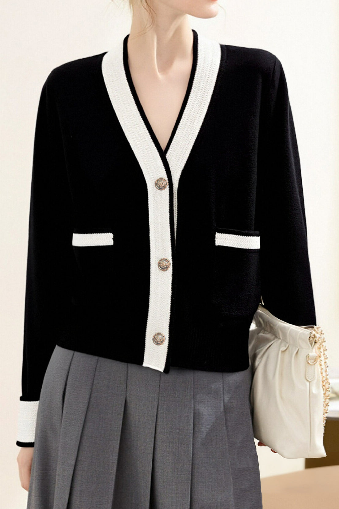 Casual Color-Block V-Neck Knitted Cardigan - liwisi