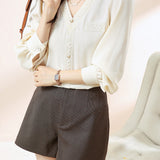 Elegant V-Neck Lace Paneled Long-Sleeve Shirt