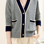 Casual Color-Block V-Neck Knitted Cardigan - liwisi