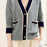 Casual Color-Block V-Neck Knitted Cardigan - liwisi