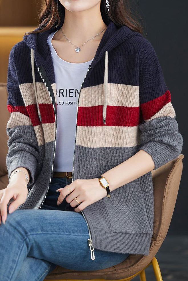 Casual Versatile Color-Block Hooded Zipper Knitted Cardigan - liwisi