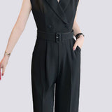 Sleeveless waist-defining suit collar wide-leg jumpsuit
