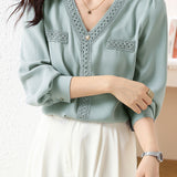 Elegant V-Neck Lace Paneled Long-Sleeve Shirt