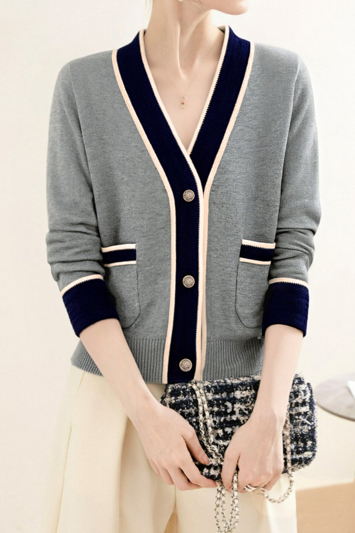 Casual Color-Block V-Neck Knitted Cardigan - liwisi