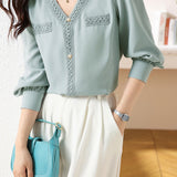Elegant V-Neck Lace Paneled Long-Sleeve Shirt