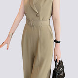 Sleeveless waist-defining suit collar wide-leg jumpsuit