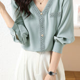 Elegant V-Neck Lace Paneled Long-Sleeve Shirt