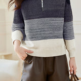 Casual Versatile Lapel Gradient Color-Block Striped Sweater