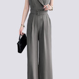 Sleeveless waist-defining suit collar wide-leg jumpsuit
