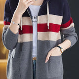 Casual Versatile Color-Block Hooded Zipper Knitted Cardigan - liwisi