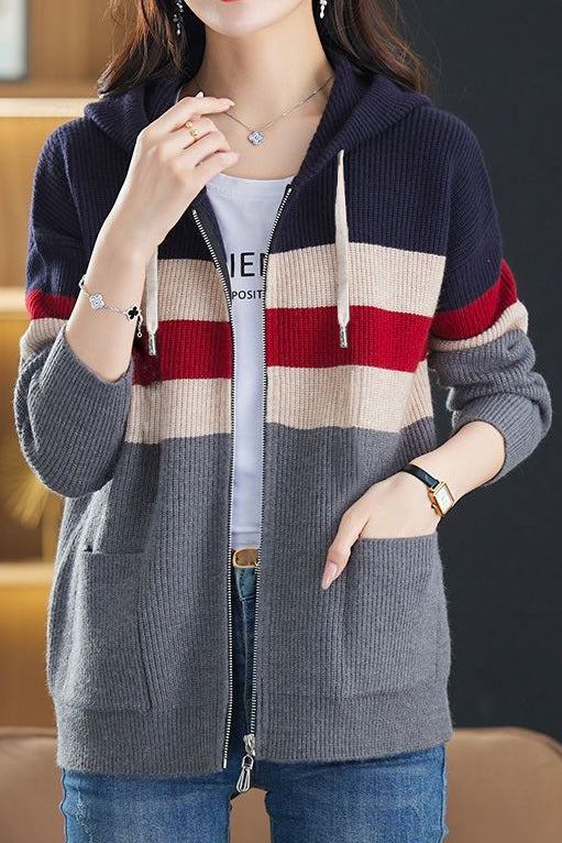 Casual Versatile Color-Block Hooded Zipper Knitted Cardigan - liwisi