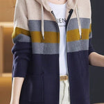 Casual Versatile Color-Block Hooded Zipper Knitted Cardigan - liwisi