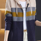 Casual Versatile Color-Block Hooded Zipper Knitted Cardigan - liwisi