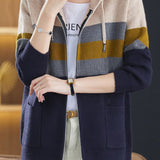 Casual Versatile Color-Block Hooded Zipper Knitted Cardigan - liwisi
