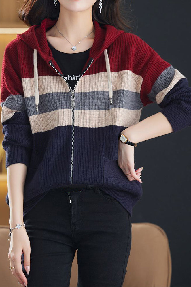 Casual Versatile Color-Block Hooded Zipper Knitted Cardigan - liwisi