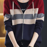 Casual Versatile Color-Block Hooded Zipper Knitted Cardigan - liwisi