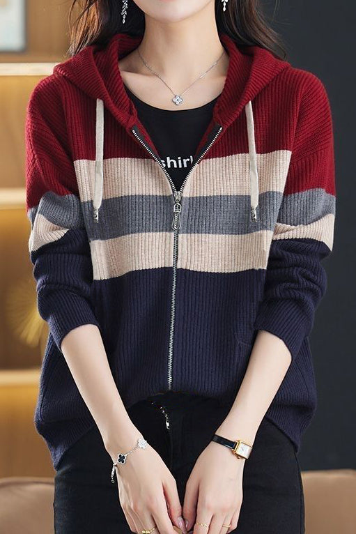 Casual Versatile Color-Block Hooded Zipper Knitted Cardigan - liwisi