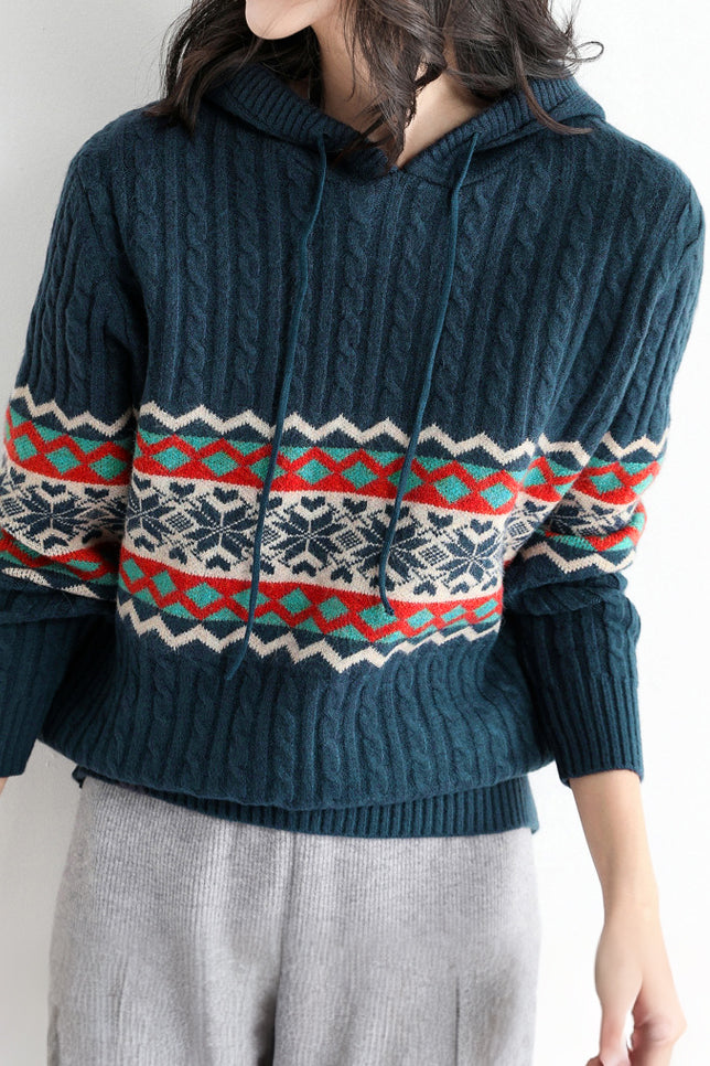 Casual Christmas Snowflake Ribbed Hooded Sweater - liwisi