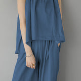 Two-Piece Set: Irregular Hem Drawstring Denim Camisole Top + Effortless Maxi Wide Denim Pants - 2 Colors Available