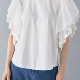 Bahan-bahan yang berbeza T-shirt lengan tulle ruffle leher bulat, disertakan 3 warna
