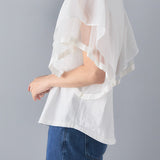 Bahan-bahan yang berbeza T-shirt lengan tulle ruffle leher bulat, disertakan 3 warna
