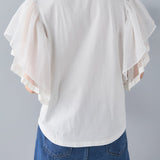 Bahan-bahan yang berbeza T-shirt lengan tulle ruffle leher bulat, disertakan 3 warna