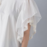 Bahan-bahan yang berbeza T-shirt lengan tulle ruffle leher bulat, disertakan 3 warna