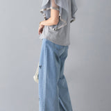 Bahan-bahan yang berbeza T-shirt lengan tulle ruffle leher bulat, disertakan 3 warna