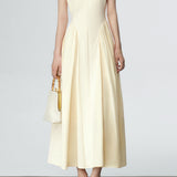 Key Neck Side Gathered Long Flare Dress with Lining