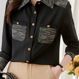 Translated Collar and Full Button Chest Pocket Elegant Color Block Shirt