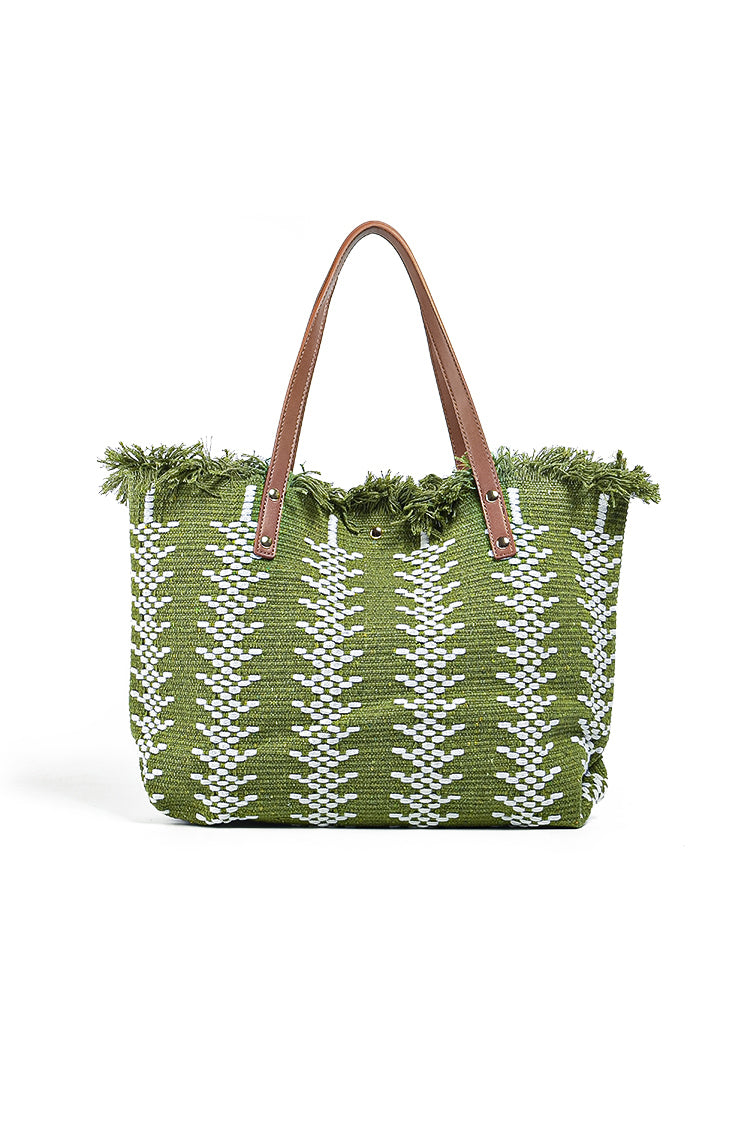 バイカラーフリンジ装飾麦わら編みトートバッグ　3色入 - liwisi