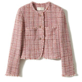 Chanel-Inspired Round Neck Fringe Tweed Jacket with Lining
