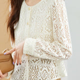Round Neck Openwork Long Sleeve Cardigan with Lining - 2 Colors Available