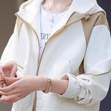 Casual Hooded Color Block Spliced Drawstring Long Sleeve Jacket